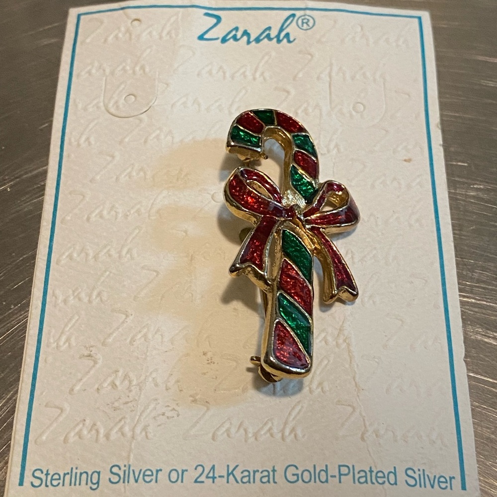 Zarah Sterling Silver 24k Gold Plated Silver Enamel Candy Cane Christmas